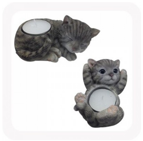 TABBY CAT TEA LIGHT CANDLE HOLDER (SET OF 2)